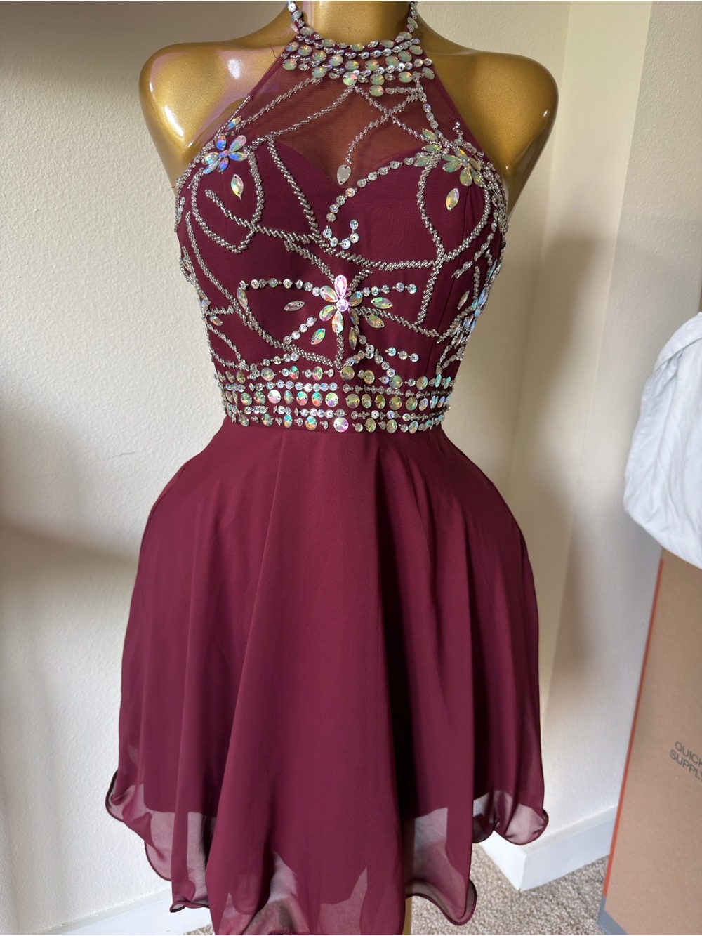 Embellished Halter Party Dress in Burgundy